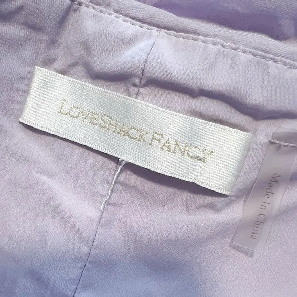 LOVESHACK FANCY Jessilyn Ruched Rosette Ruffle Hem Mini Dress in Lavender XS - Picture 6 of 8